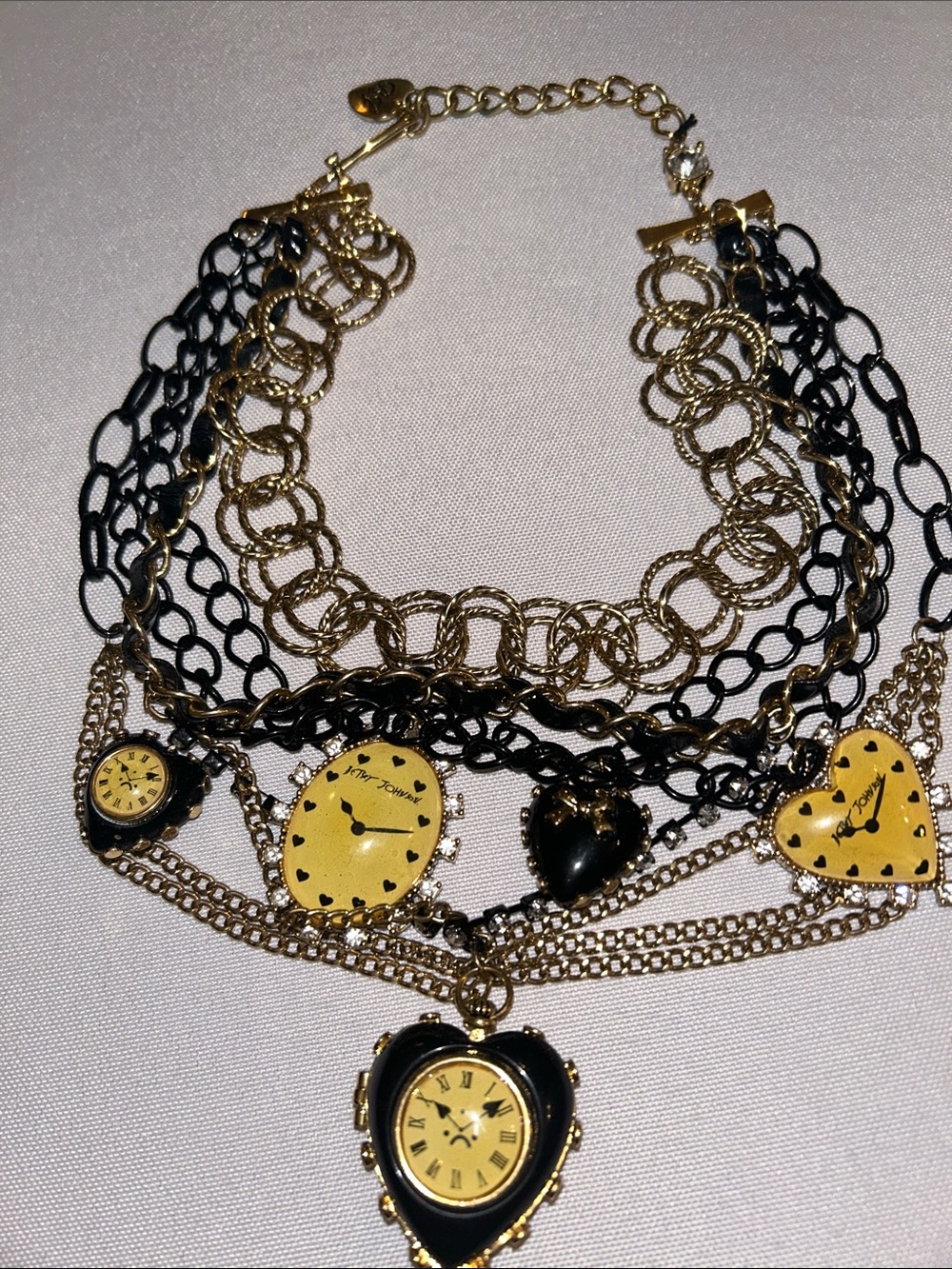 Betsey Johnson Vintage Y2K TIME FLIES Statement Yellow Heart Clock Necklace EUC